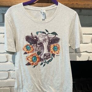 Graphic Tee with Cow and Sunflower Design